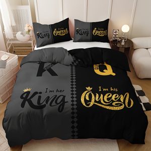 Black Grey Crown Duvet Cover Set – HD Printed (1 Duvet + 2 Pillowcases) for Home & Dorm Room Style