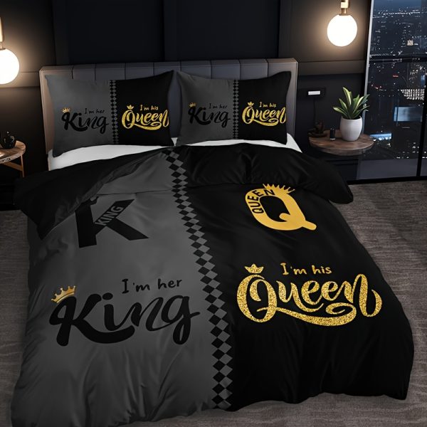 Black Grey Crown Duvet Cover Set – HD Printed (1 Duvet + 2 Pillowcases) for Home & Dorm Room Style - Image 2