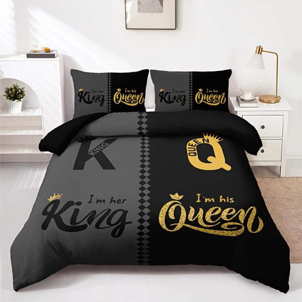 Black Grey Crown Duvet Cover Set – HD Printed (1 Duvet + 2 Pillowcases) for Home & Dorm Room Style - Image 3