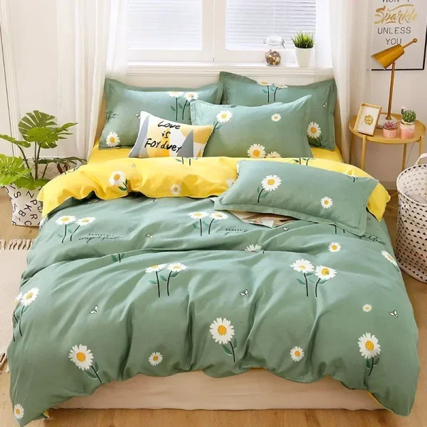 New Fashion Print Queen Size Bedding Set King Size Daisy Printed Duvet Cover Set with Flat Sheets Cozy Durable Bedding Sets