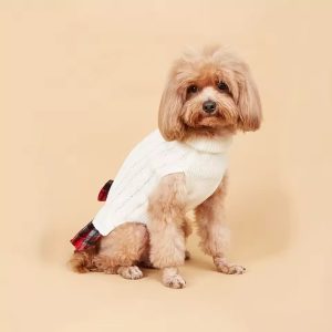 Dog Sweater Dress with Bowtie – Warm Knitted Turtleneck Dress for Small Dogs
