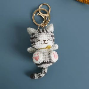 Cute Crochet Cat Keychain – Handmade Smiling Kitten Doll Keyring, Knitted Cat Gift